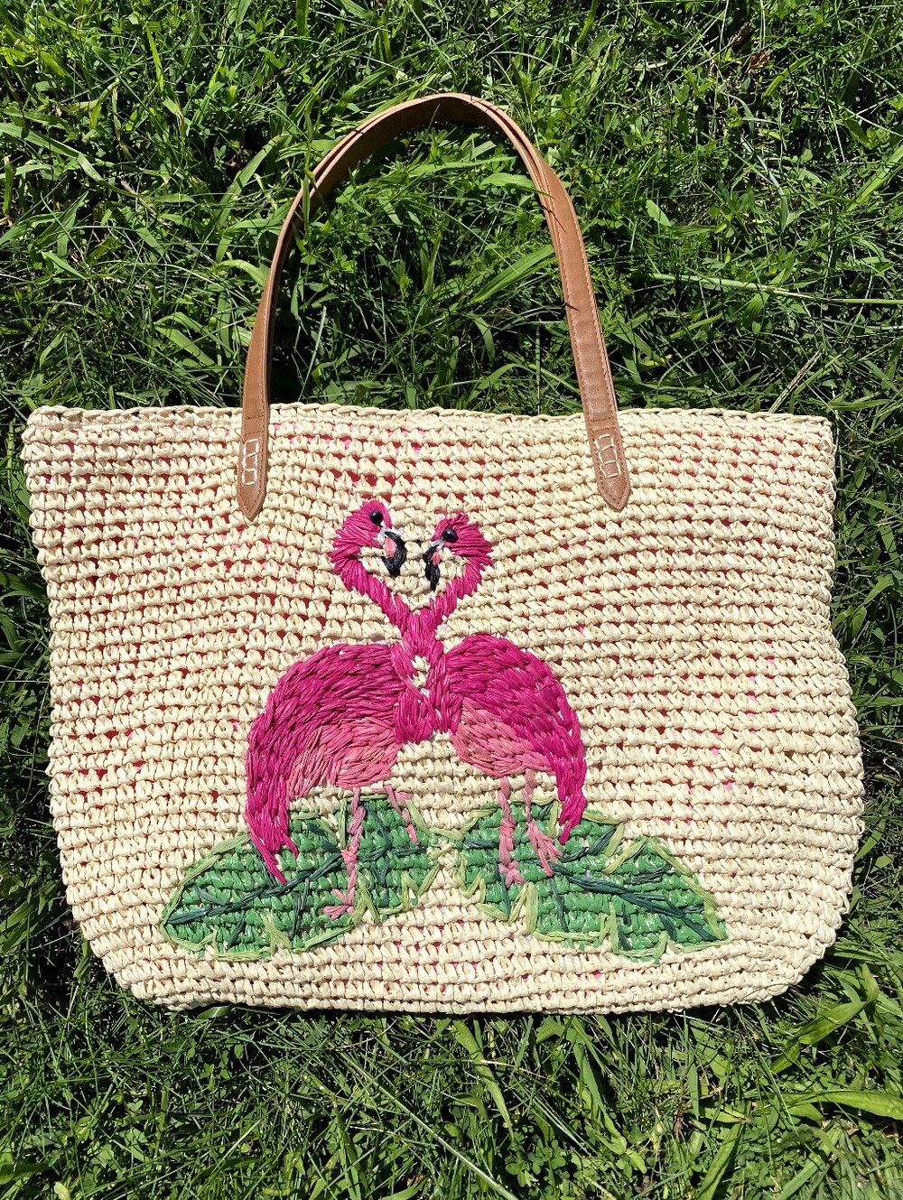 "It Take Two To Flamingo" Straw Beach Tote Bag